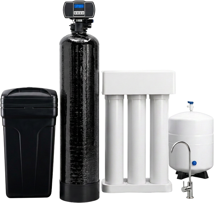 Complete whole-home water system: softener tank with digital control head, brine tank, reverse osmosis unit, storage tank and chrome faucet